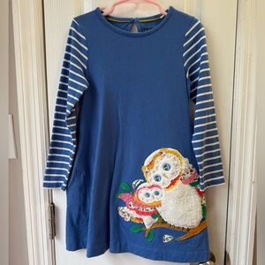 Mini Boden Blue Owl Appliqué Dress 5-6